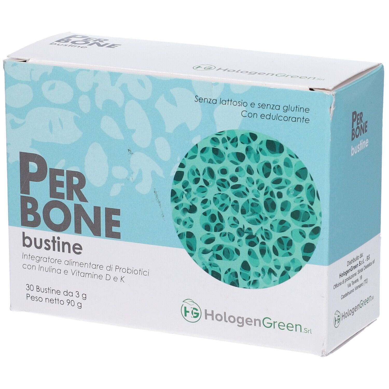 Scatola azzurra con nome prodotto e motivo verde. Testo: Per Bone bustine, 30 bustine, HalogenGreen.