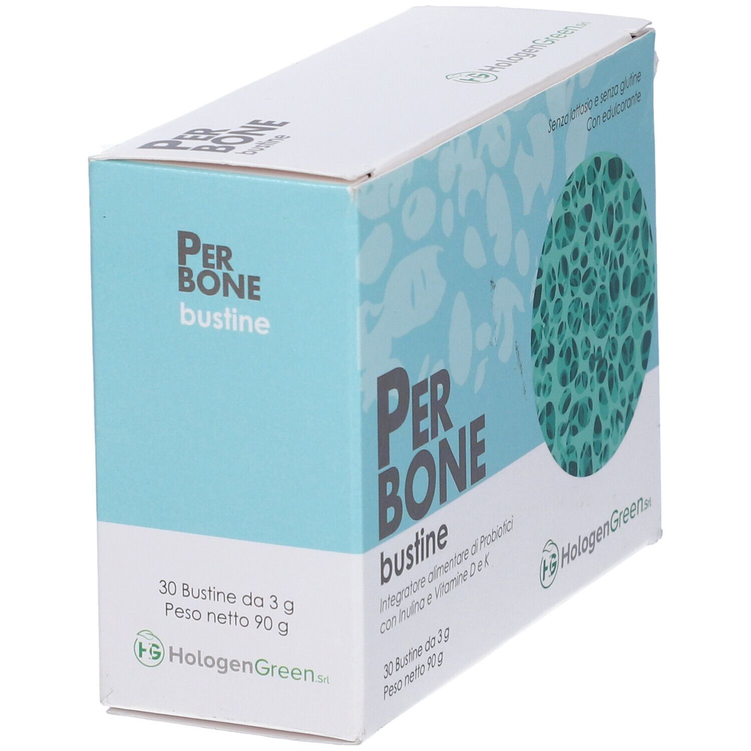 Scatola azzurra con nome prodotto e motivo verde. Testo: Per Bone bustine, 30 bustine, HalogenGreen.