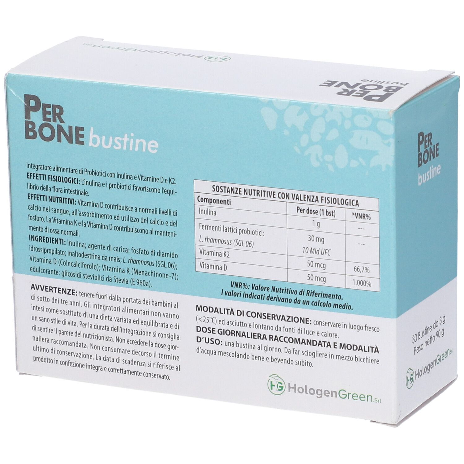 Scatola azzurra con nome prodotto e motivo verde. Testo: Per Bone bustine, 30 bustine, HalogenGreen.