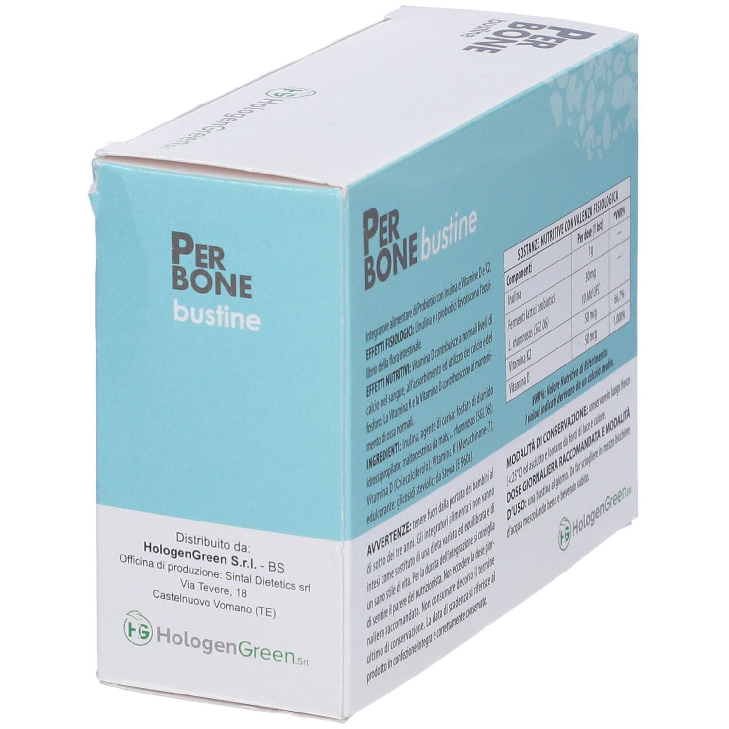 Scatola azzurra con nome prodotto e motivo verde. Testo: Per Bone bustine, 30 bustine, HalogenGreen.