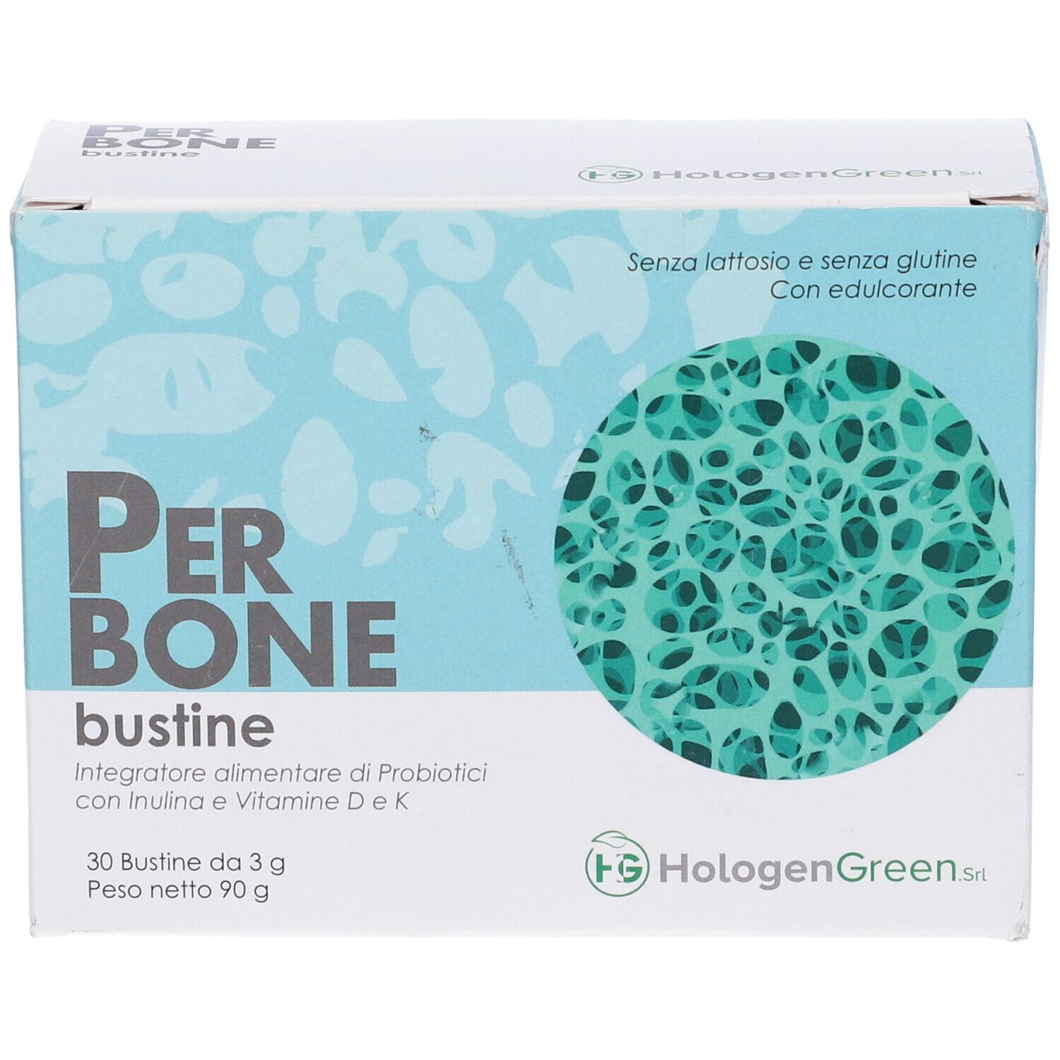 Scatola azzurra con nome prodotto e motivo verde. Testo: Per Bone bustine, 30 bustine, HalogenGreen.