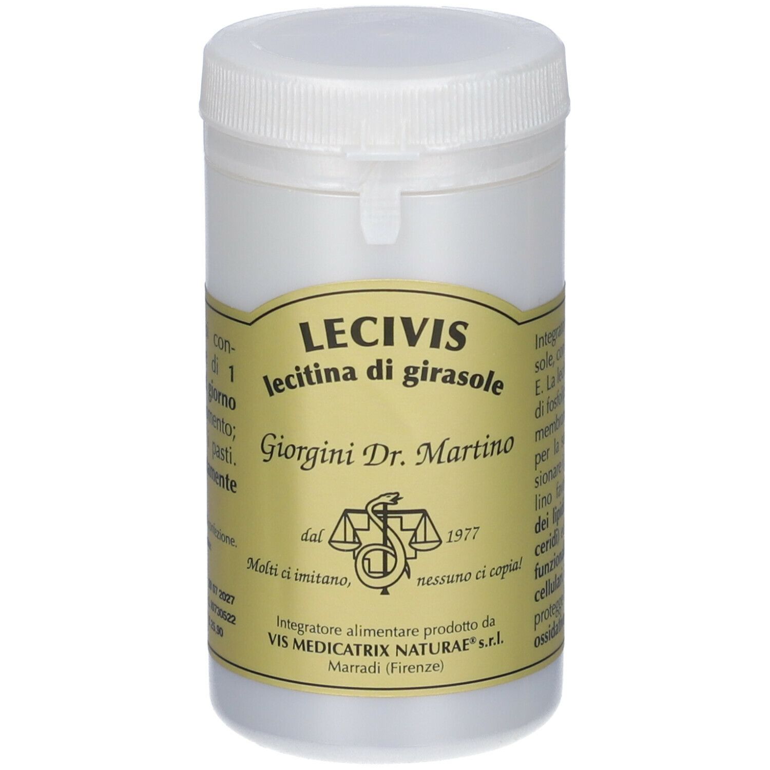 Barattolo bianco con scritta Lecivis, Lecitina di girasole. Produttore: Giorgini Dr. Martino. Coperchio con chiusura.