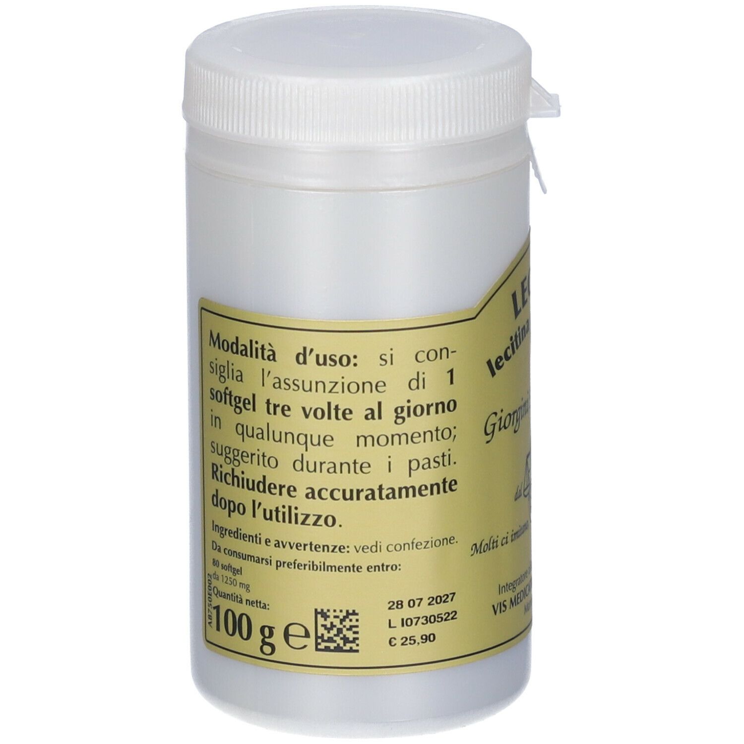 Barattolo bianco con scritta Lecivis, Lecitina di girasole. Produttore: Giorgini Dr. Martino. Coperchio con chiusura.