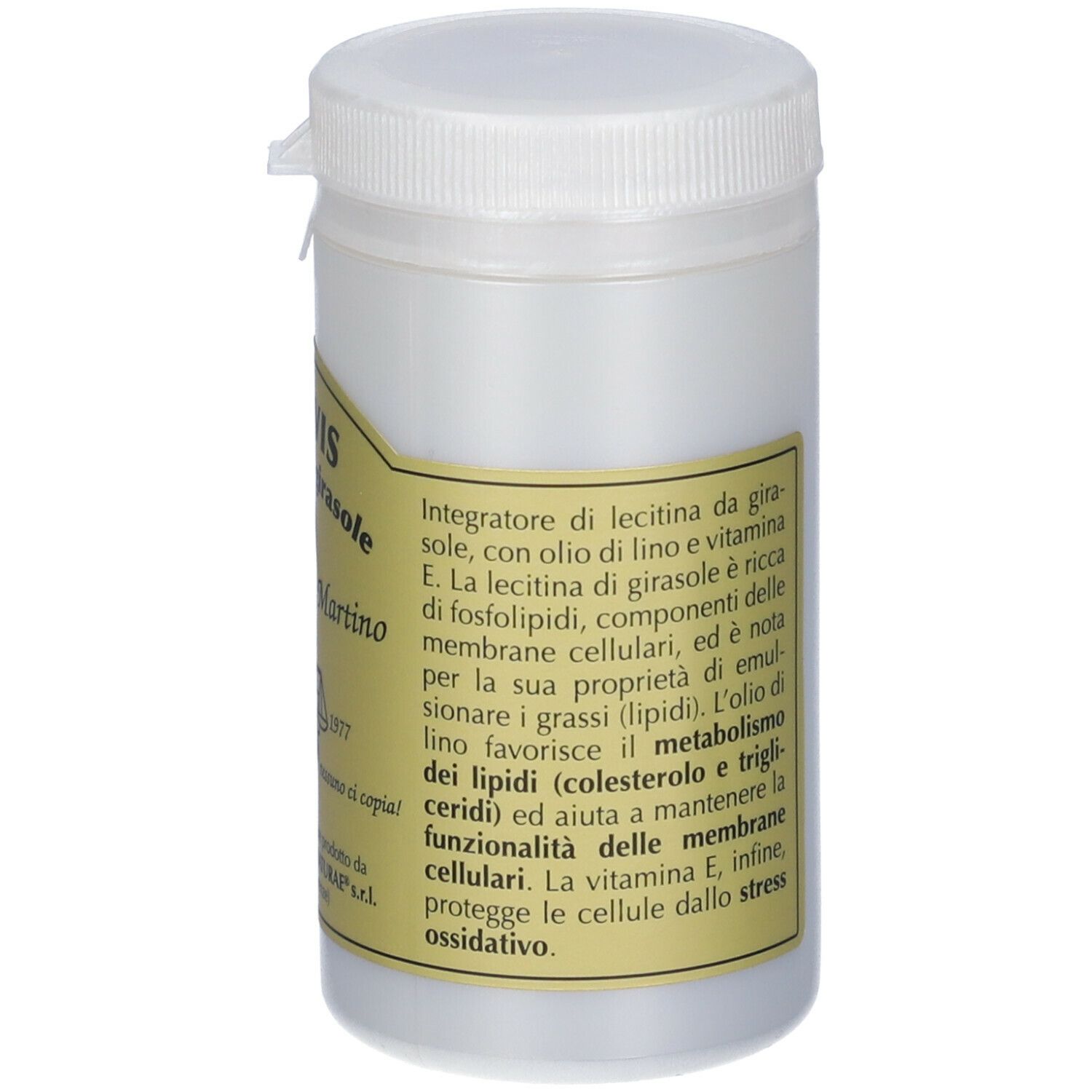 Barattolo bianco con scritta Lecivis, Lecitina di girasole. Produttore: Giorgini Dr. Martino. Coperchio con chiusura.