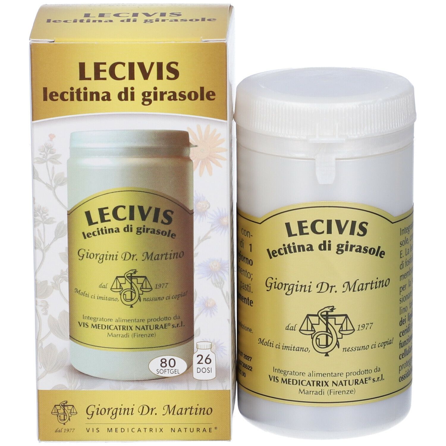 Prodotto Lecivis con confezione. Scritta: Lecivis, Lecitina di girasole. Produttore: Giorgini Dr. Martino. 80 Softgel.