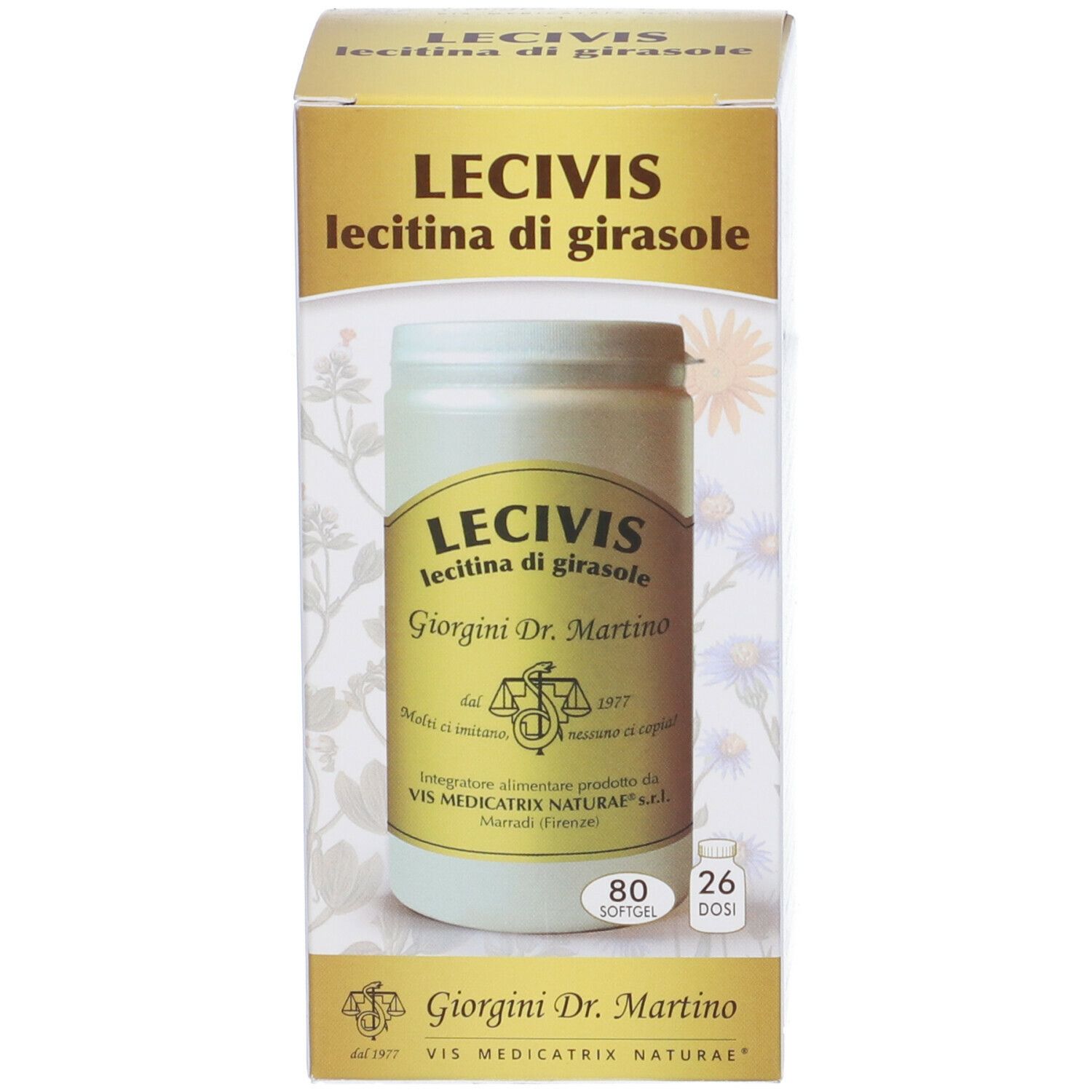 Prodotto Lecivis con confezione. Scritta: Lecivis, Lecitina di girasole. Produttore: Giorgini Dr. Martino. 80 Softgel.