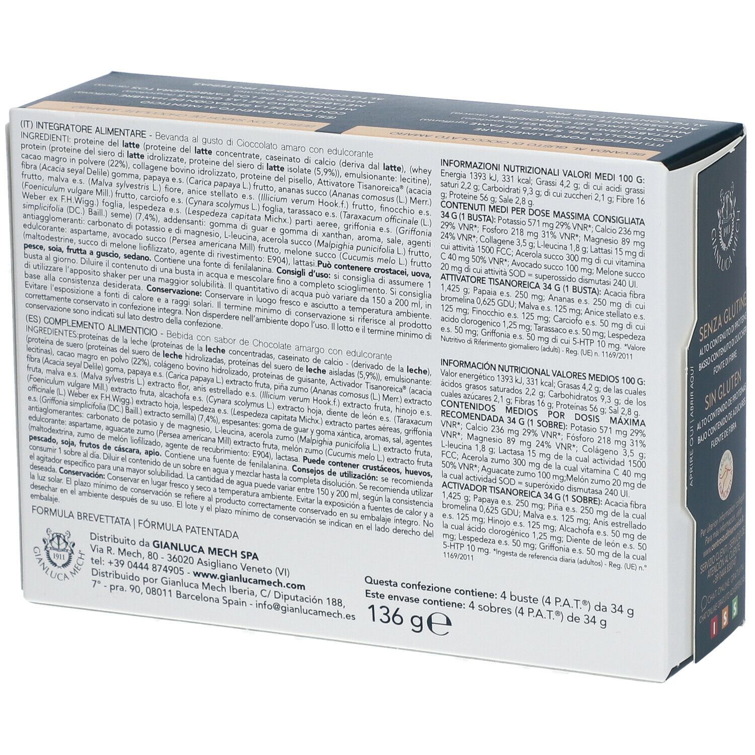 Retro della confezione di bevanda TISANOREICA®. Testo con ingredienti, informazioni nutrizionali e dettagli del produttore.