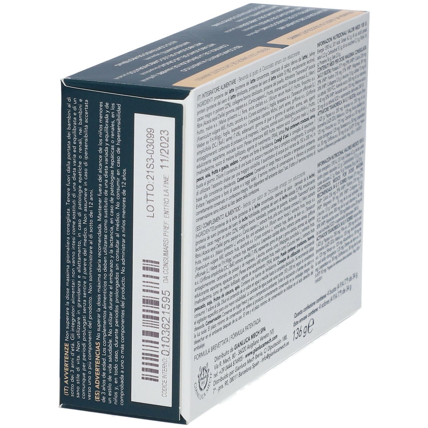 Vista laterale della confezione di bevanda TISANOREICA®. Testo con avvertenze, numero di lotto e data di scadenza.
