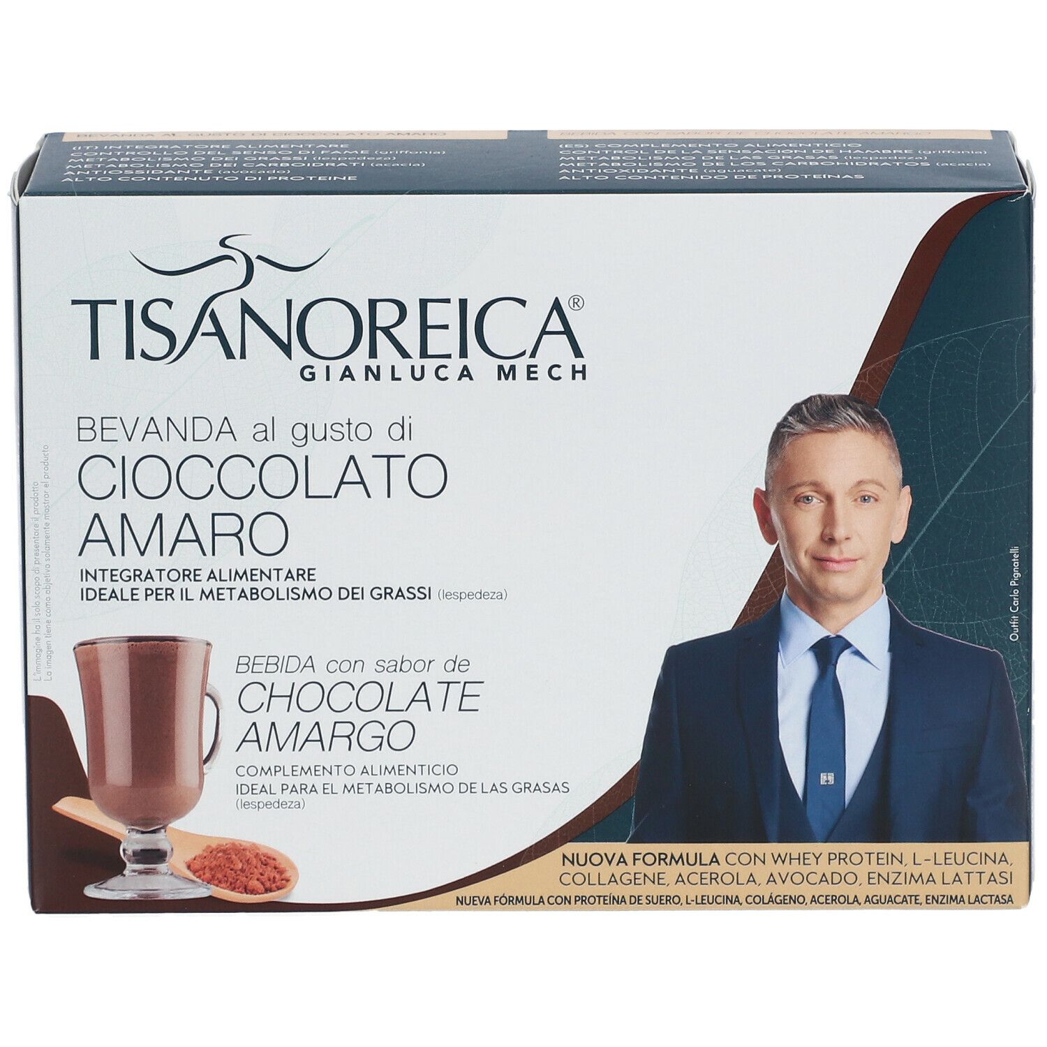 Confezione di TISANOREICA® Bevanda al gusto di CIOCCOLATO AMARO. Immagine della bevanda e di un uomo.