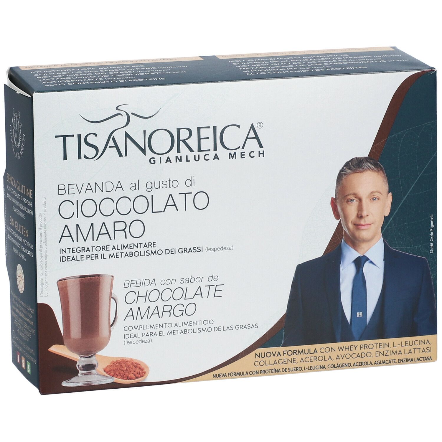 Confezione di TISANOREICA® Bevanda al gusto di CIOCCOLATO AMARO. Immagine della bevanda e di un uomo.
