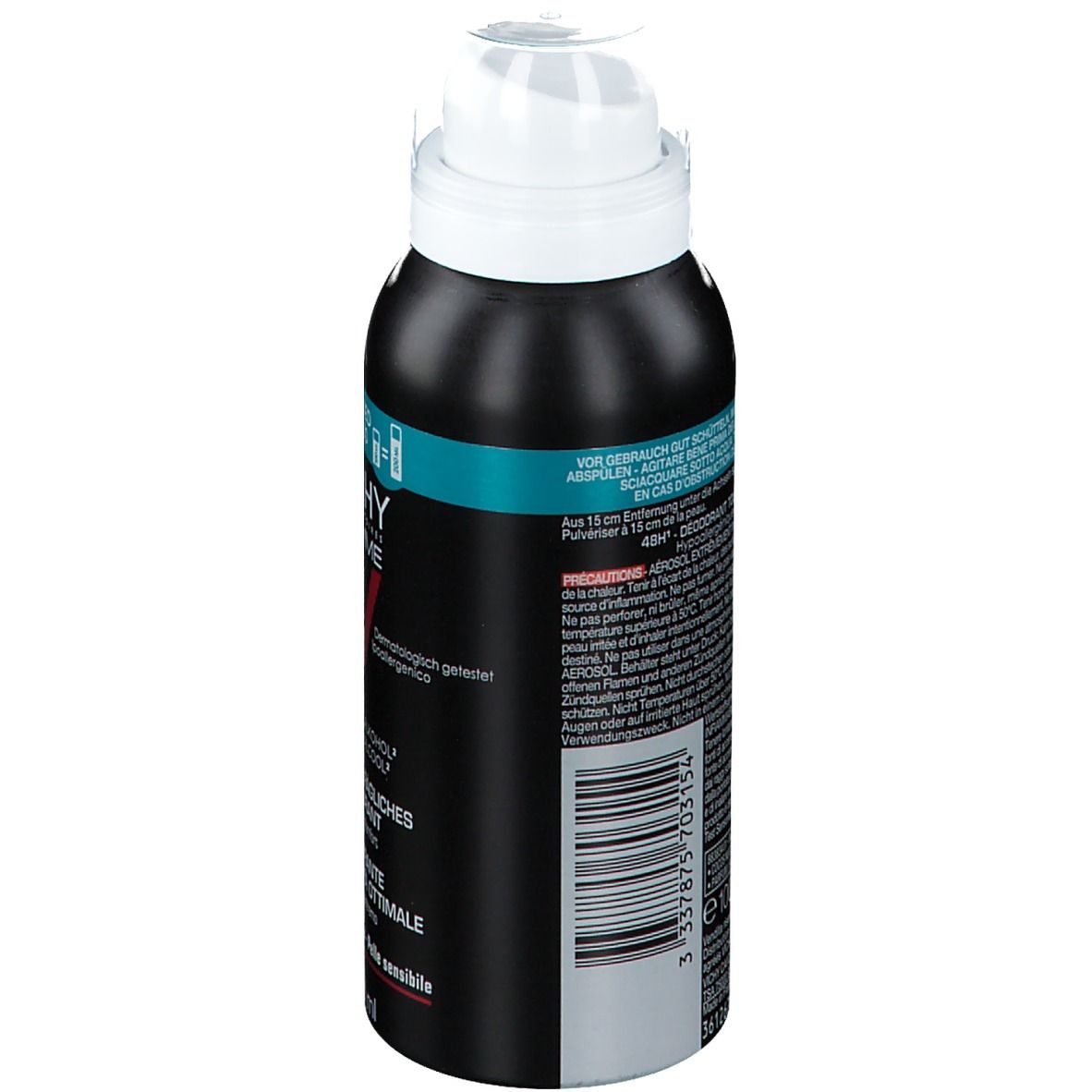 Retro di bomboletta deodorante nera con erogatore bianco. Testo e codice a barre. Avvertenze e istruzioni.