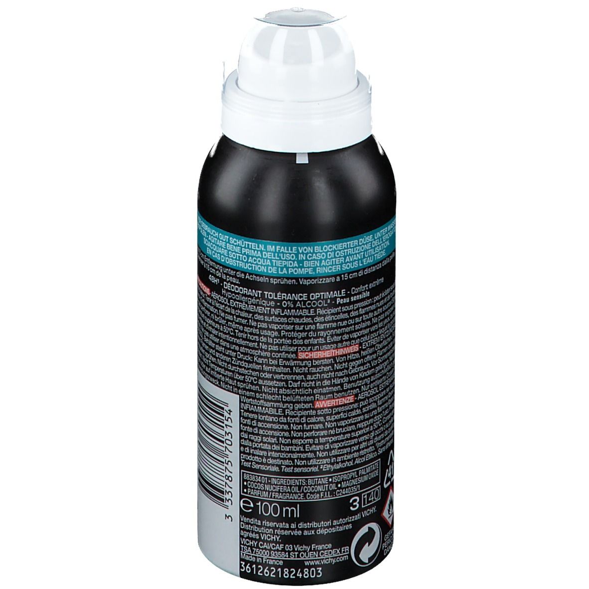 Retro di bomboletta deodorante nera con erogatore bianco. Testo e codice a barre. Avvertenze e istruzioni.