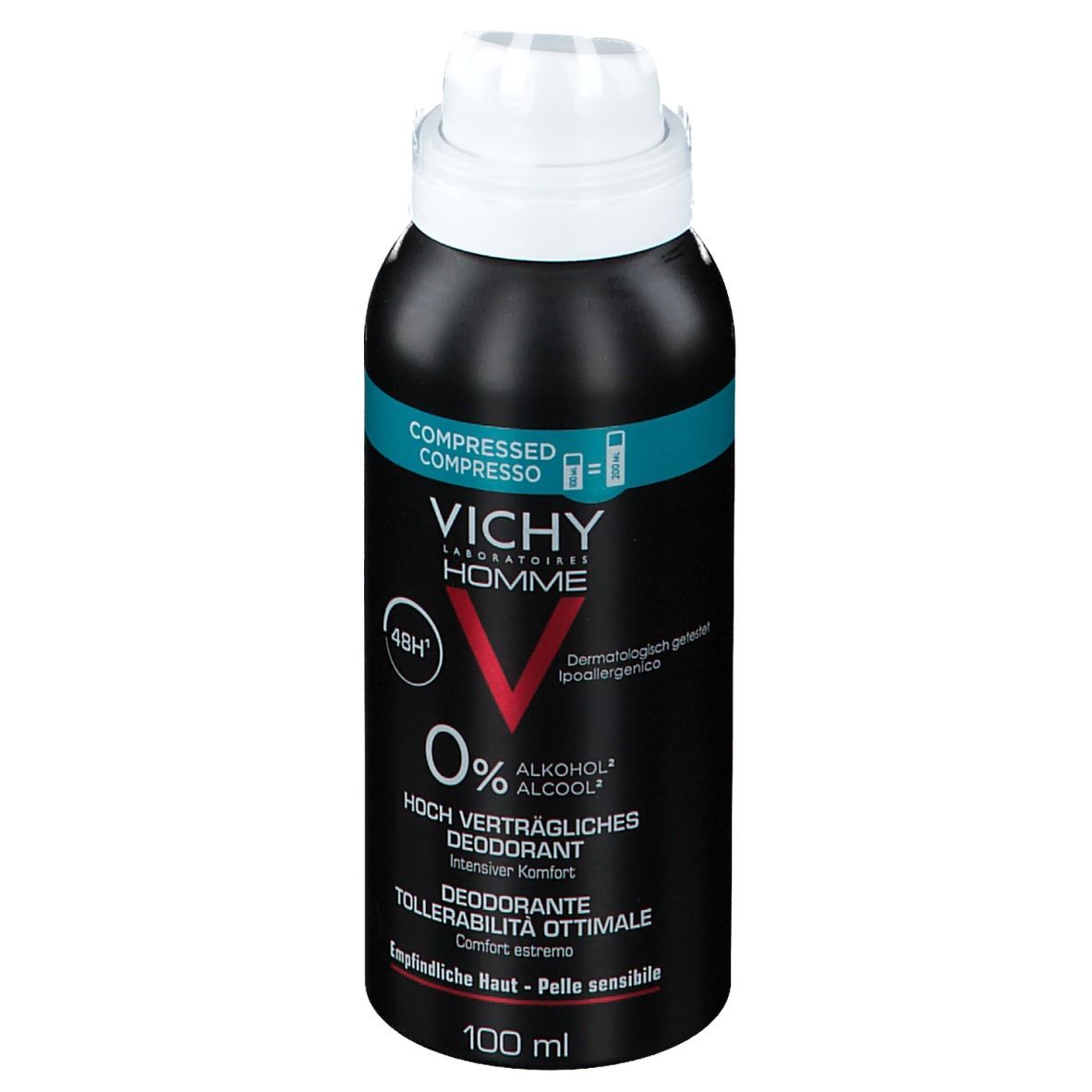 Bomboletta deodorante nera con erogatore bianco. Testo: VICHY HOMME, 0% alcool, 48H, Tollerabilità ottimale. 100 ml.