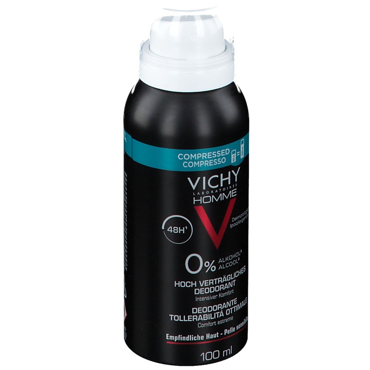 Bomboletta deodorante nera con erogatore bianco. Testo: VICHY HOMME, 0% alcool, 48H, Tollerabilità ottimale. 100 ml.