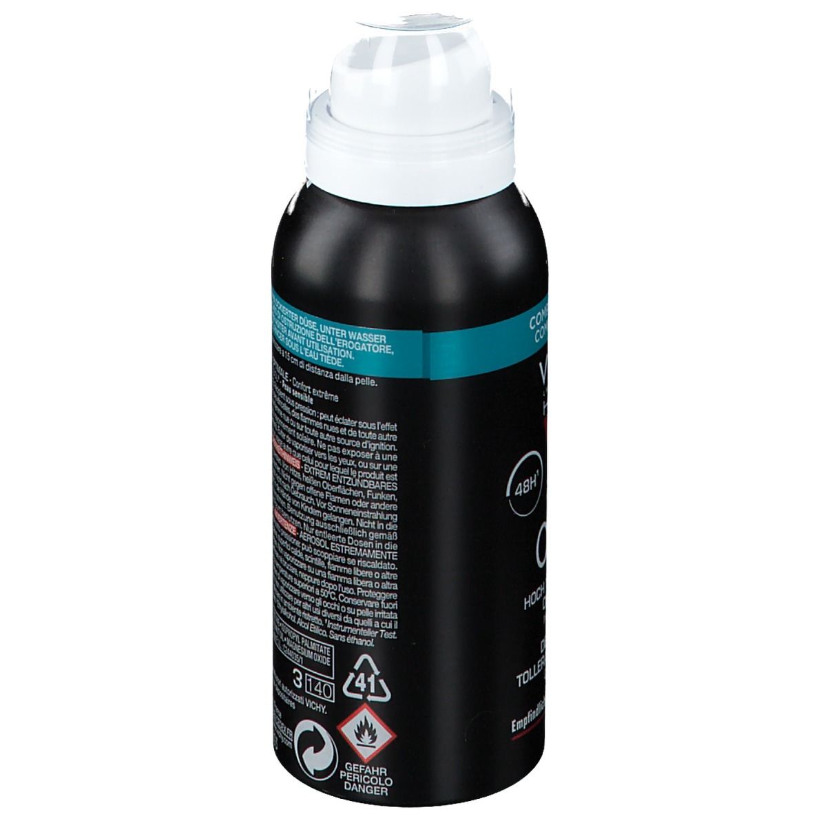 Retro di bomboletta deodorante nera con erogatore bianco. Testo e pittogrammi. Avvertenze e istruzioni.