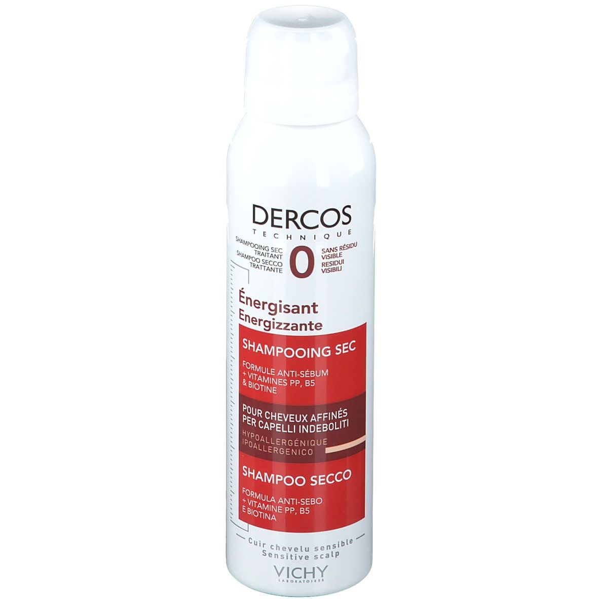 Flacone spray bianco con etichetta rossa. Scritte: Dercos Technique, Shampooing Sec, Énergisant, per capelli fini. Vichy.