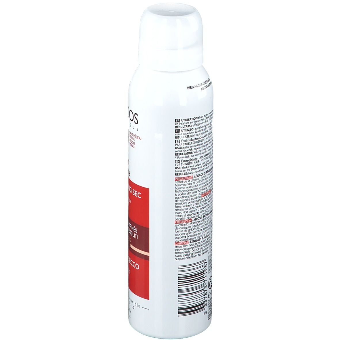 Flacone spray bianco con testo. Scritte: Dercos Technique, Shampooing Sec, Énergisant. Retro con istruzioni e ingredienti.