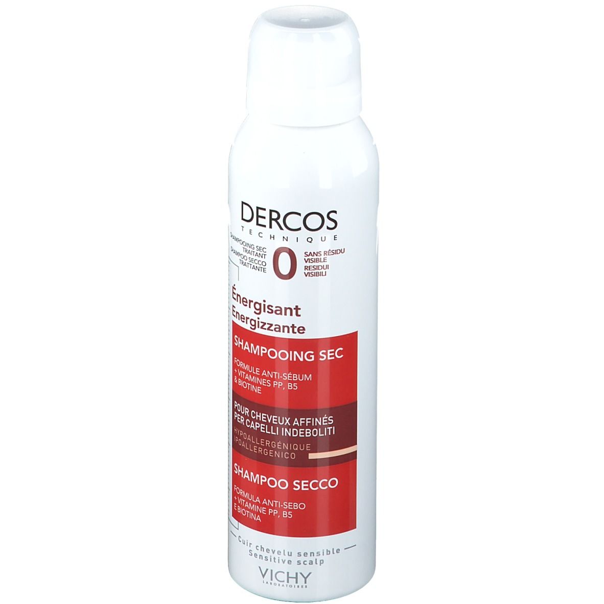 Flacone spray bianco con etichetta rossa. Scritte: Dercos Technique, Shampooing Sec, Énergisant, per capelli fini. Vichy.