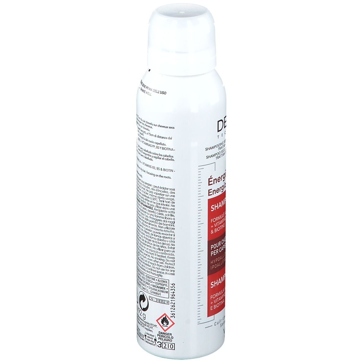Flacone spray bianco con testo. Scritte: Dercos Technique, Shampooing Sec, Énergisant. Retro con istruzioni e ingredienti.