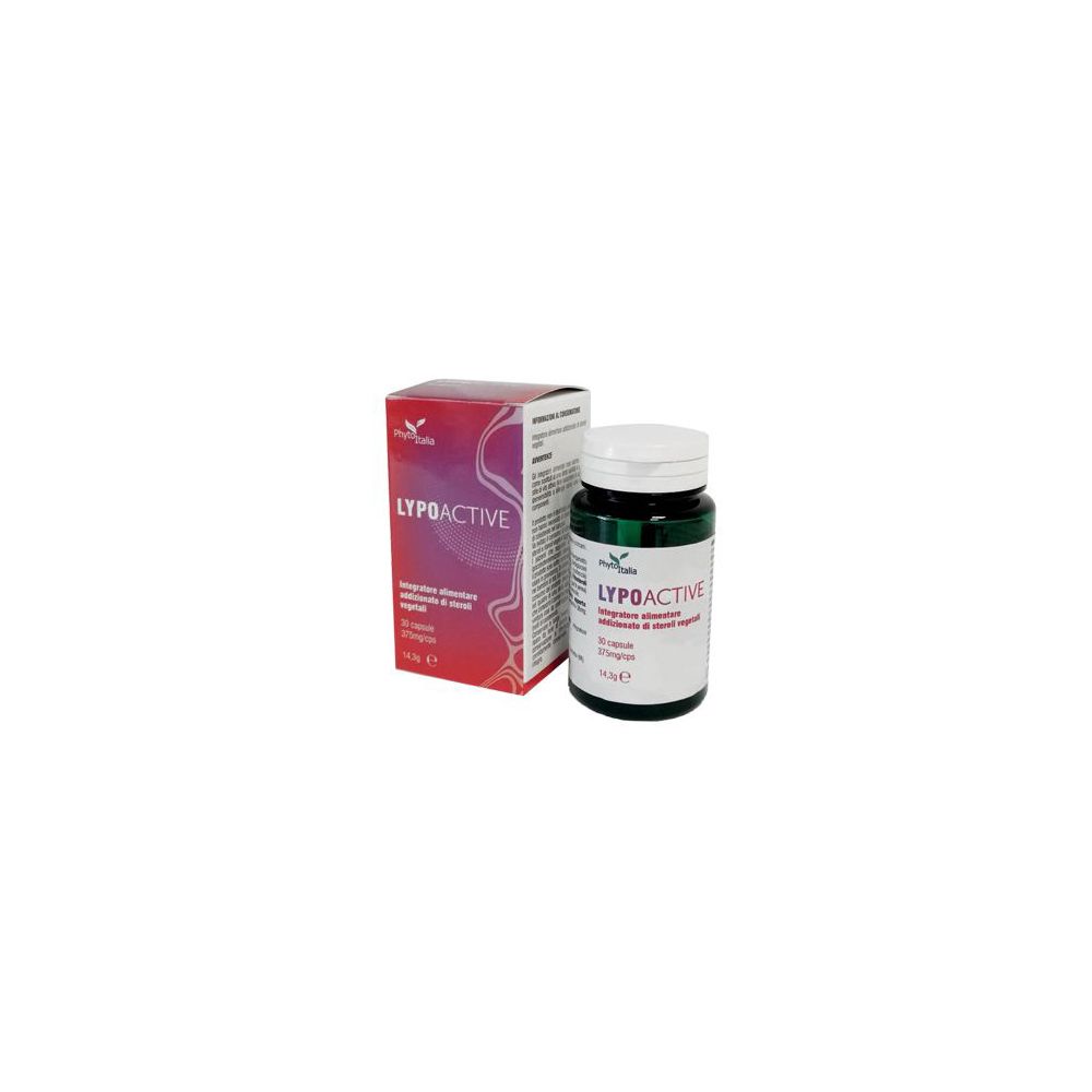 Flacone e scatola di Lypoactive. Scritta: Lypoactive, 30 capsule. Flacone verde e bianco.