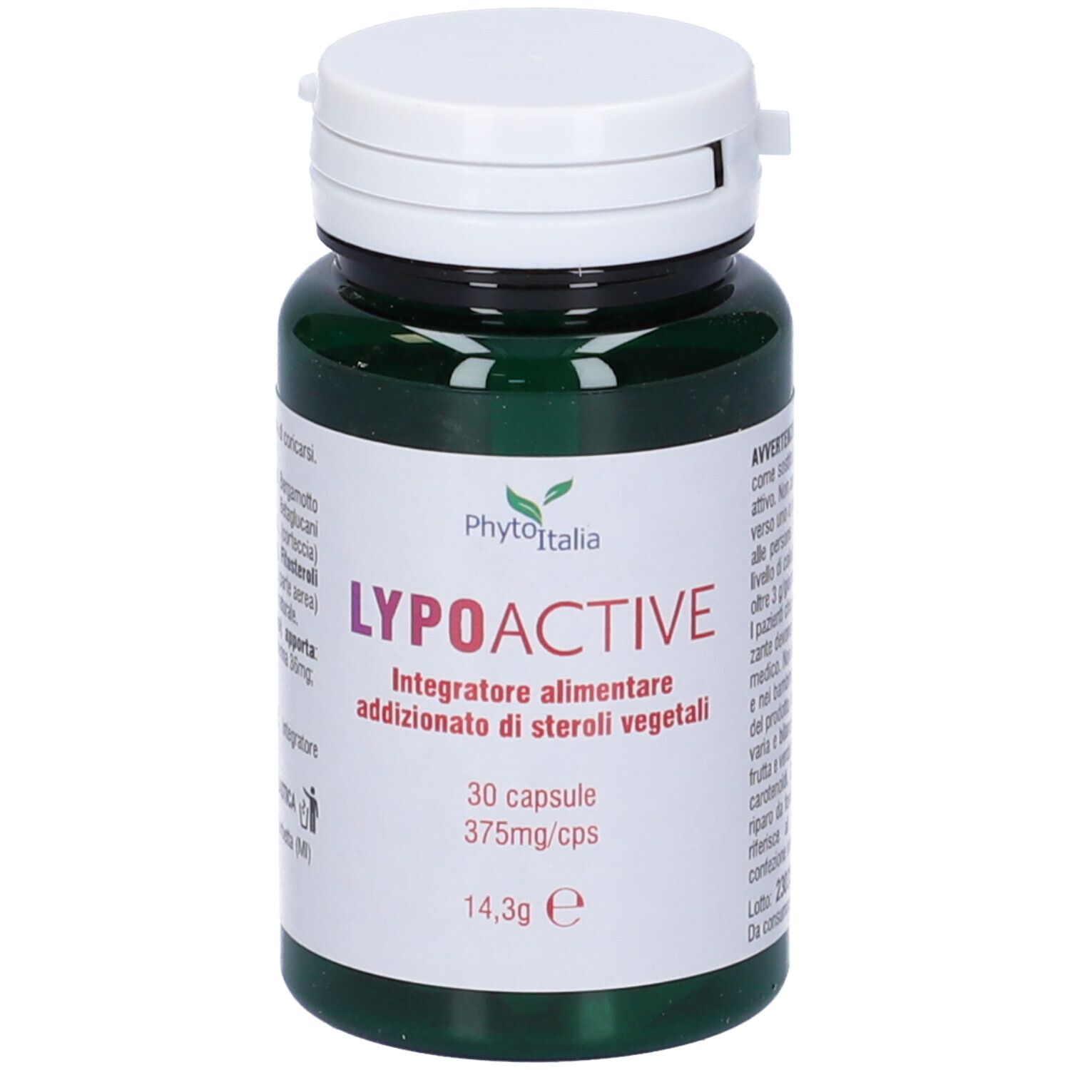 Flacone verde, tappo bianco. Scritta: Lypoactive, 30 capsule, 375mg/cps. Marchio: Phytoitalia.