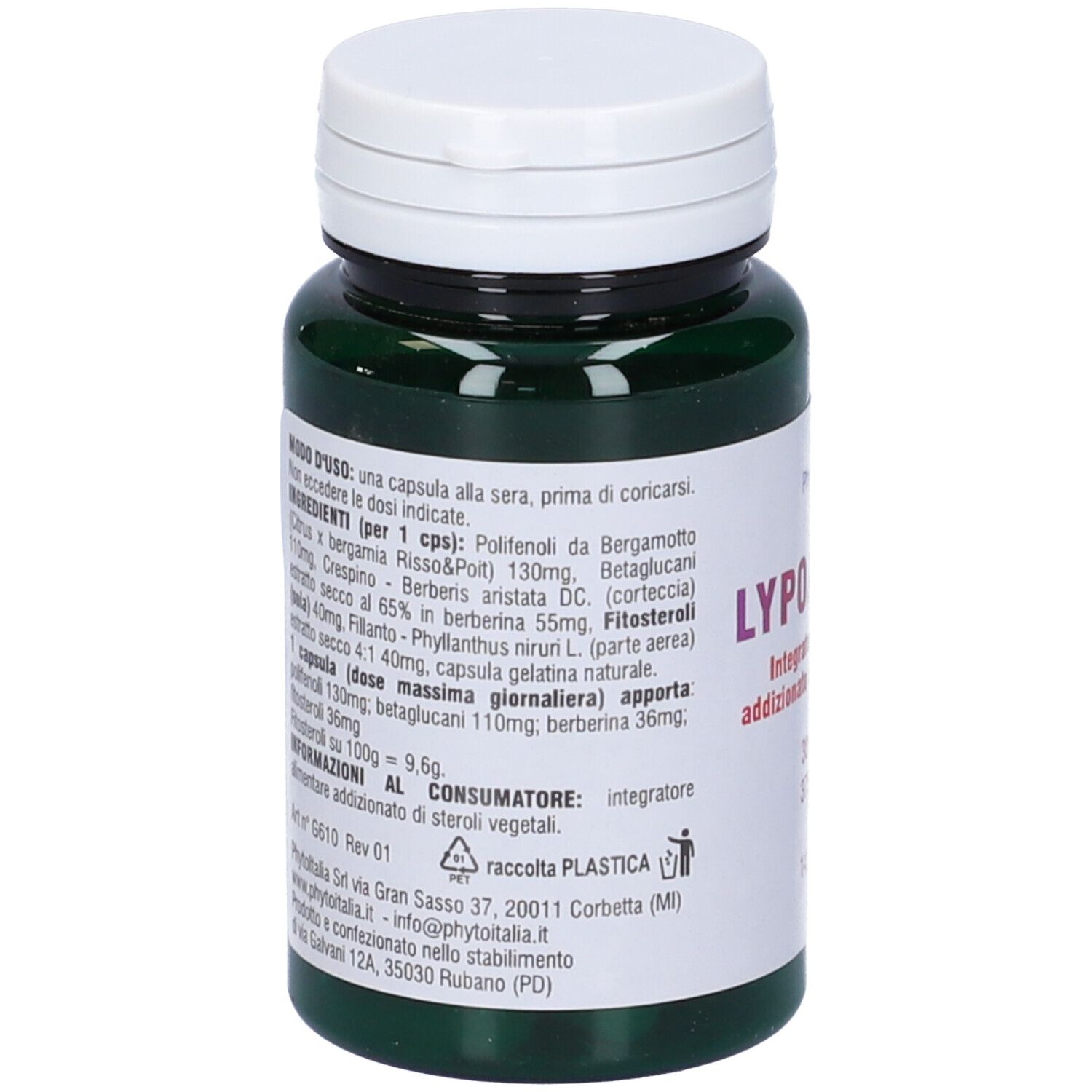 Flacone verde, tappo bianco. Scritta: Lypoactive. Testo con ingredienti e istruzioni per l'uso.