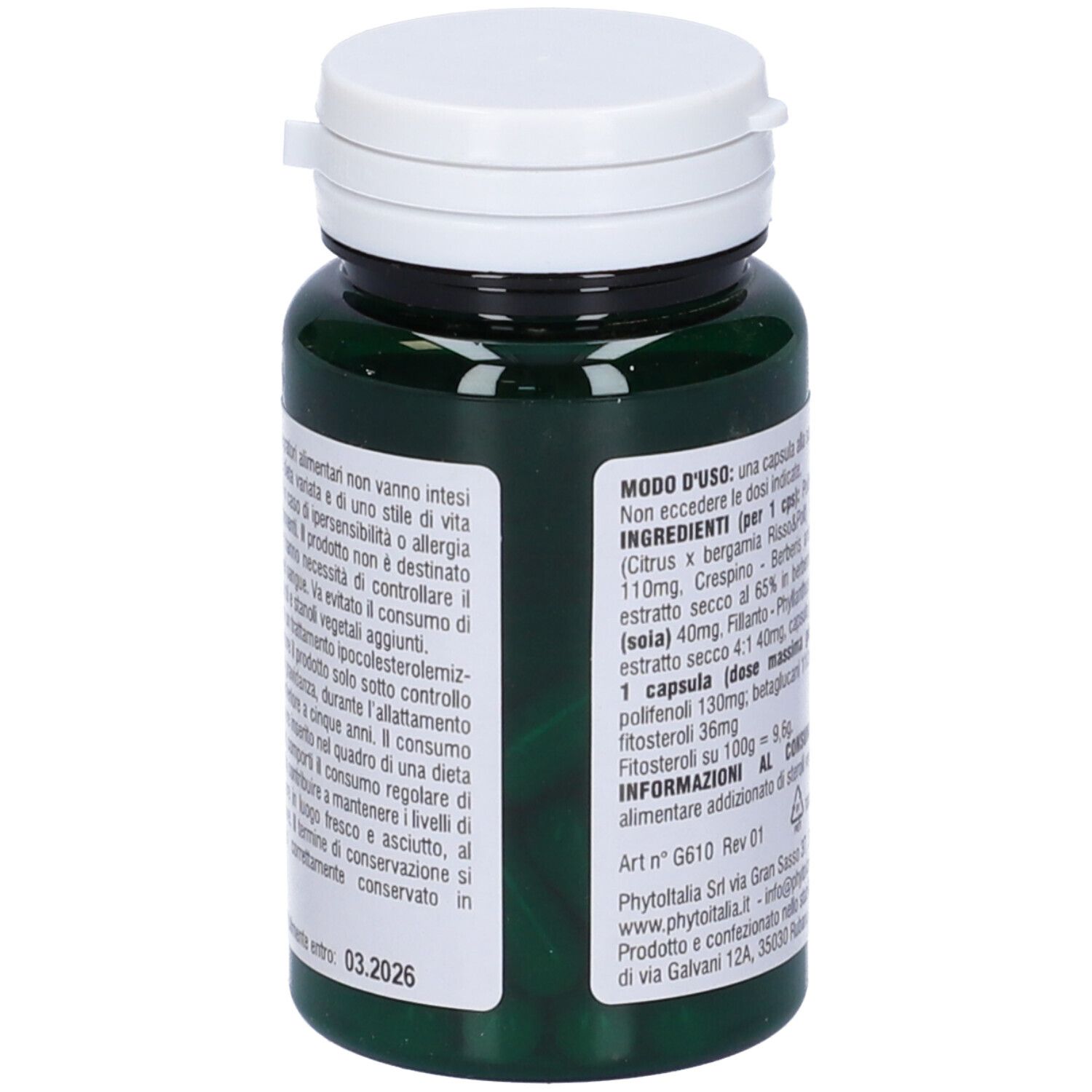 Flacone verde, tappo bianco. Scritta: Lypoactive. Testo con ingredienti e istruzioni per l'uso.