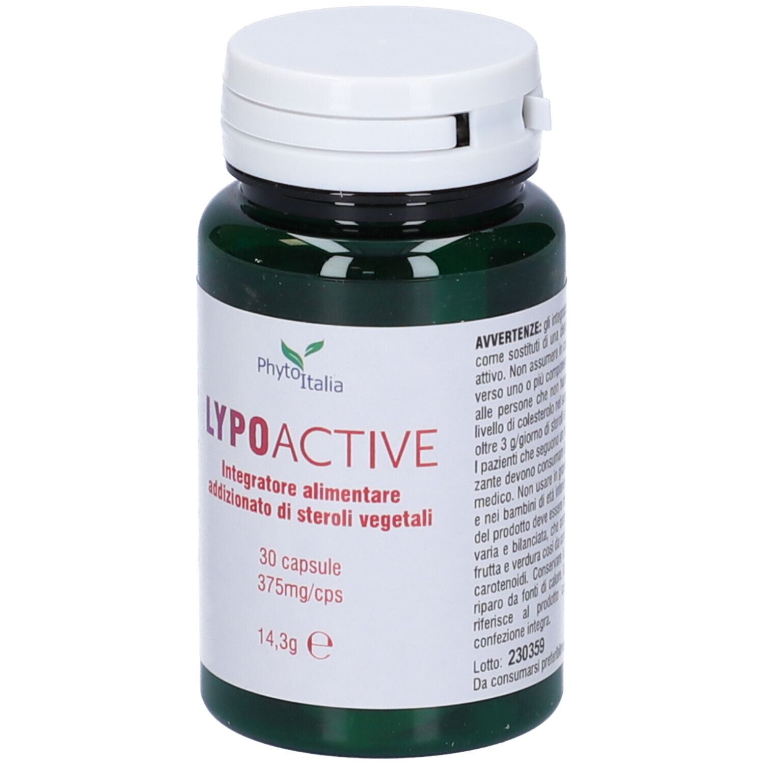 Flacone verde, tappo bianco. Scritta: Lypoactive, 30 capsule, 375mg/cps. Marchio: Phytoitalia.