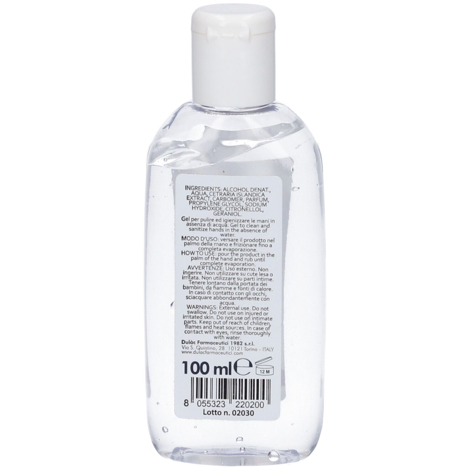 Flacone trasparente con tappo bianco. Retro con testo e ingredienti. In basso: 100 ml e codice a barre.