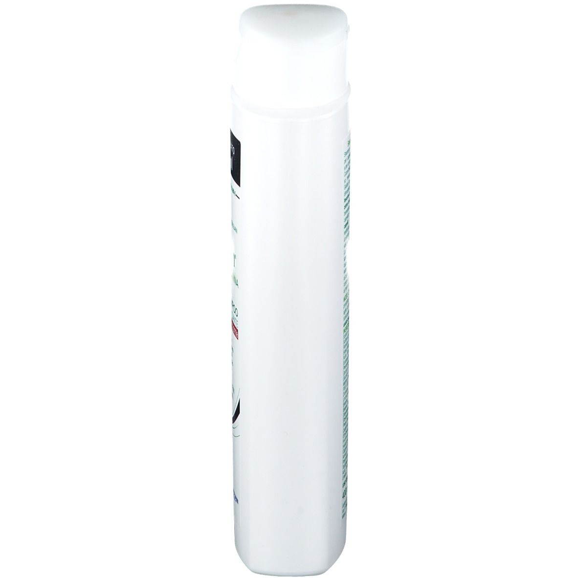 Flacone di shampoo bianco con tappo bianco. Vista laterale. Scritta illeggibile.