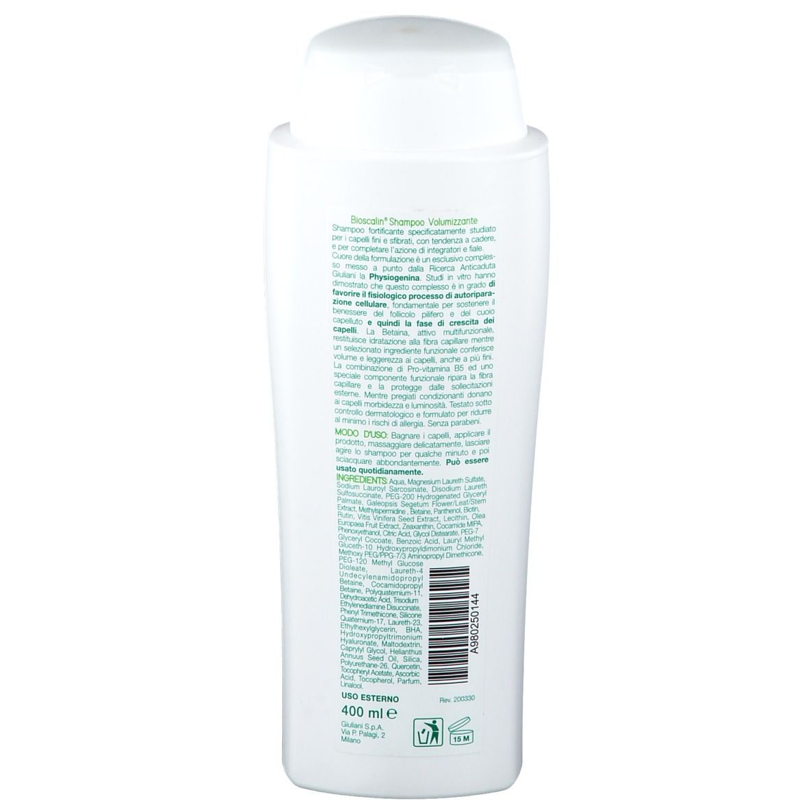 Retro di un flacone di shampoo bianco con tappo bianco. Testo multilingue. 400 ml.