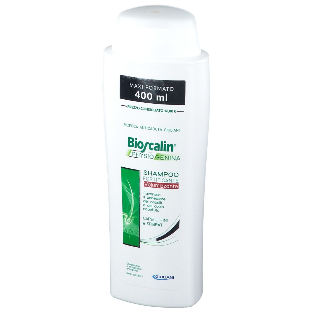 Flacone di shampoo bianco con tappo bianco. Scritta: Bioscalin PhysioGenina, Shampoo fortificante volumizzante. 400 ml.
