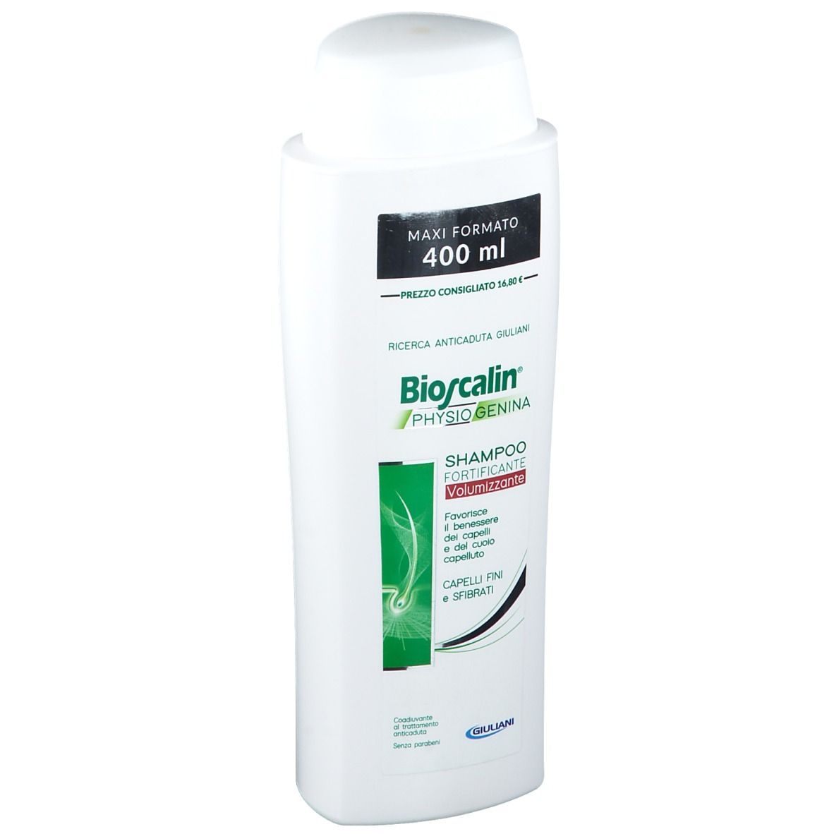 Flacone di shampoo bianco con tappo bianco. Scritta: Bioscalin PhysioGenina, Shampoo fortificante volumizzante. 400 ml.
