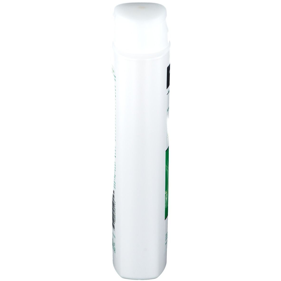 Flacone di shampoo bianco con tappo bianco. Vista laterale. Scritta illeggibile.