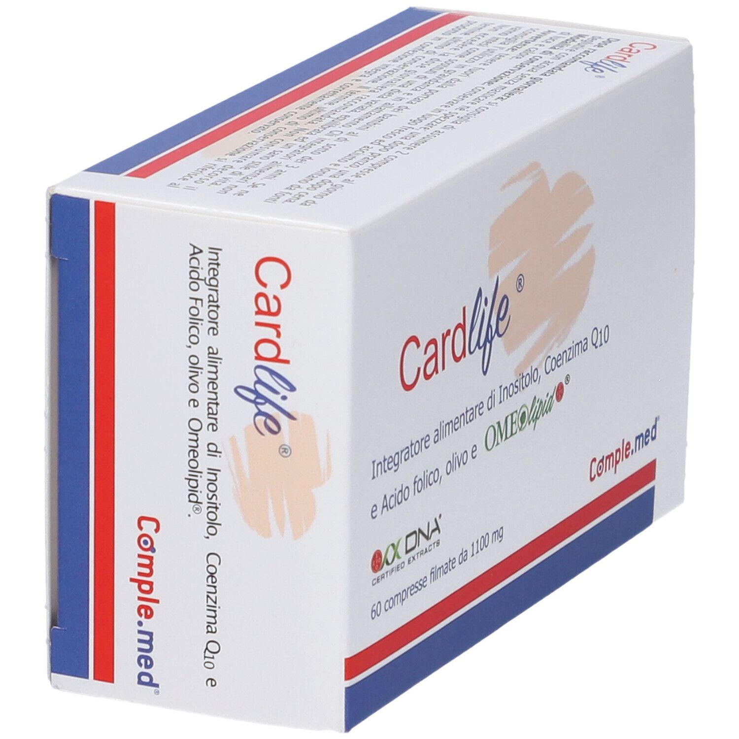 Vista angolata della confezione "Cardlife". Contiene 60 compresse. Ingredienti: Inositolo, Coenzima Q10, Acido folico, olio d'oliva e OMEolipide.