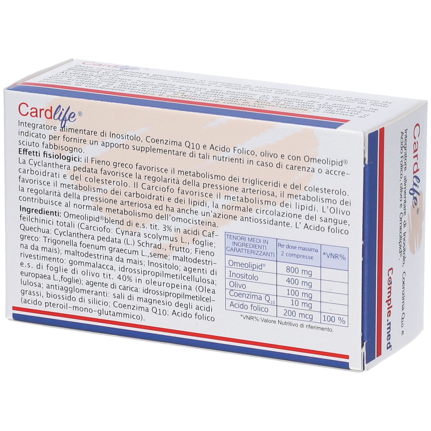 Retro della confezione "Cardlife". Informazioni sugli ingredienti e valori nutrizionali. 60 compresse.