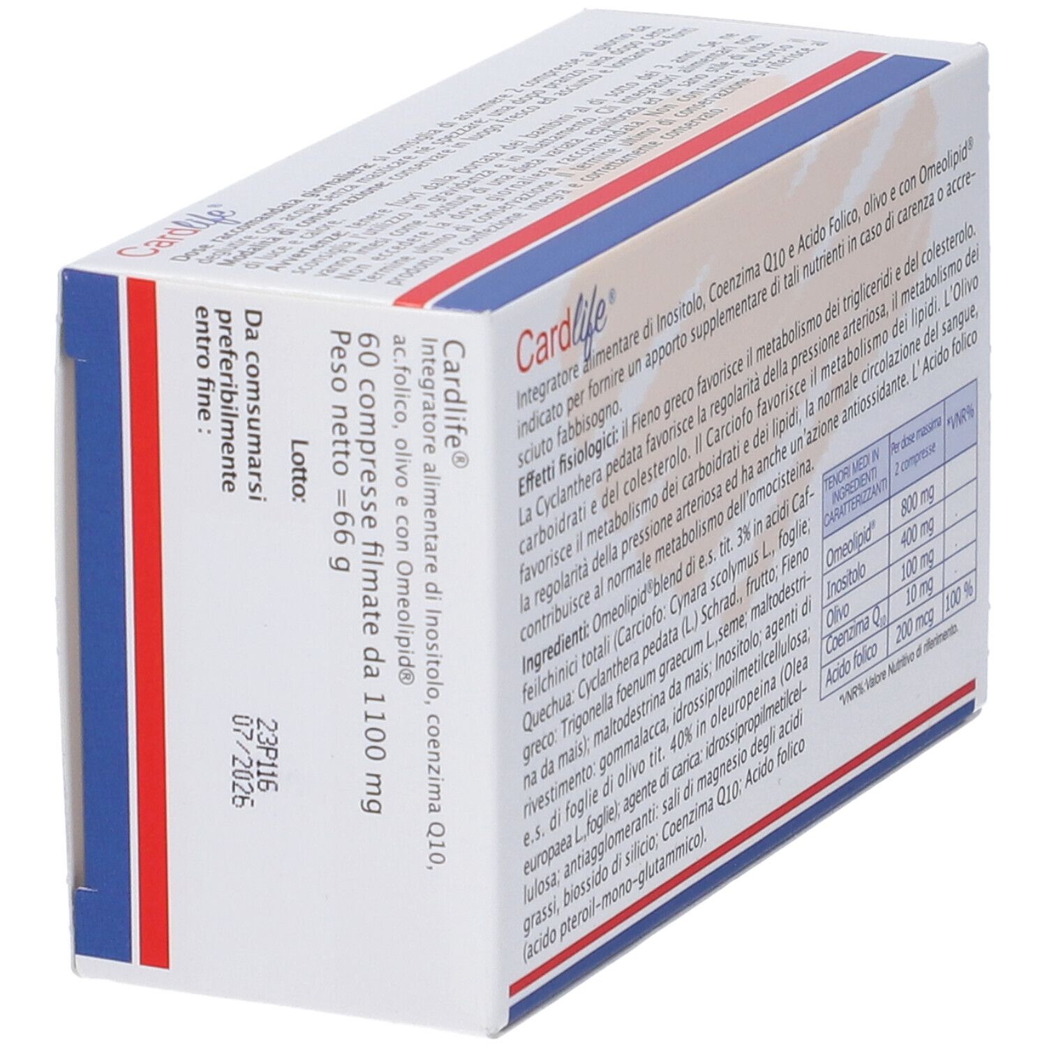 Vista laterale della confezione "Cardlife". Informazioni sugli ingredienti e data di scadenza. 60 compresse.
