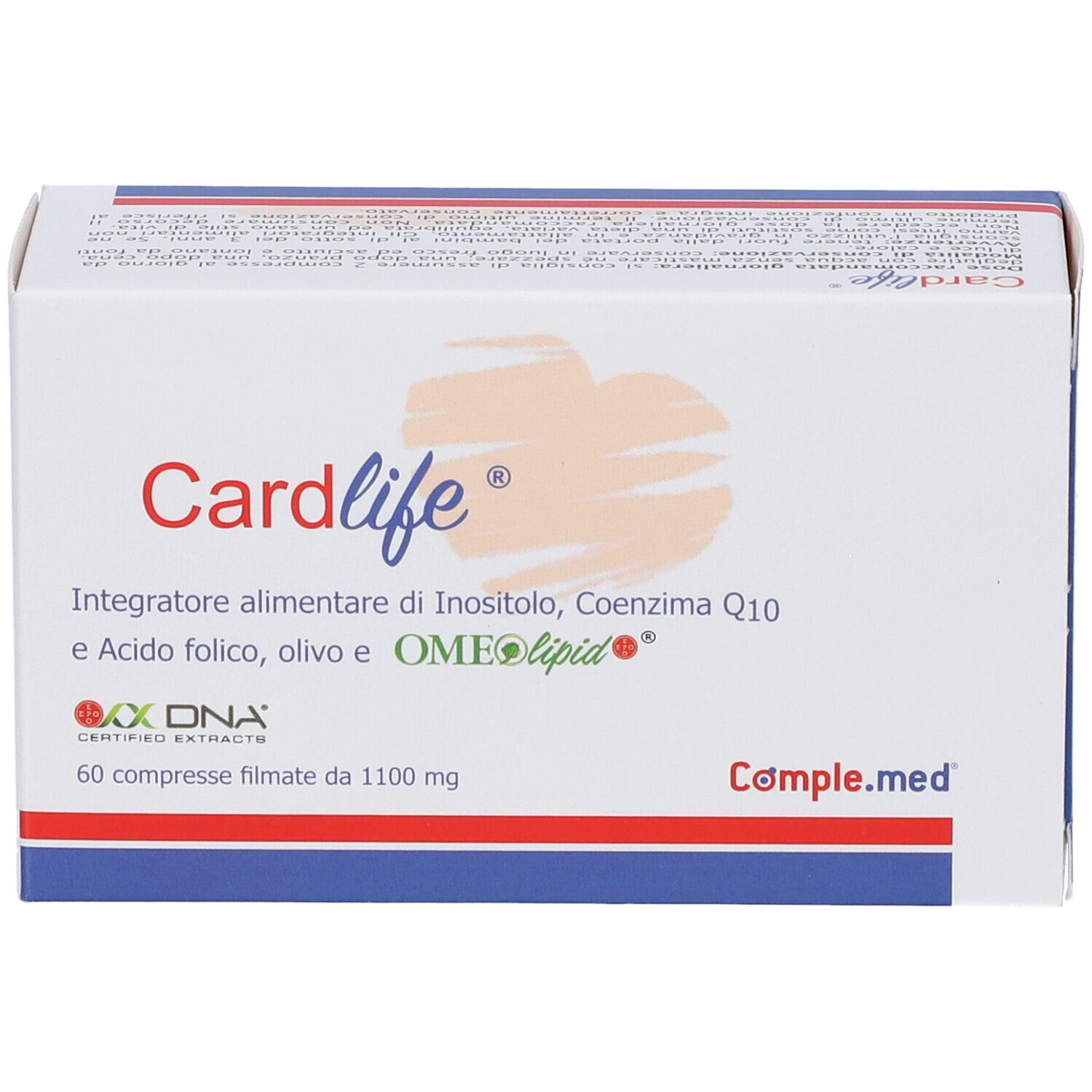 Confezione "Cardlife" con 60 compresse. Contiene Inositolo, Coenzima Q10, Acido folico, olio d'oliva e OMEolipide.