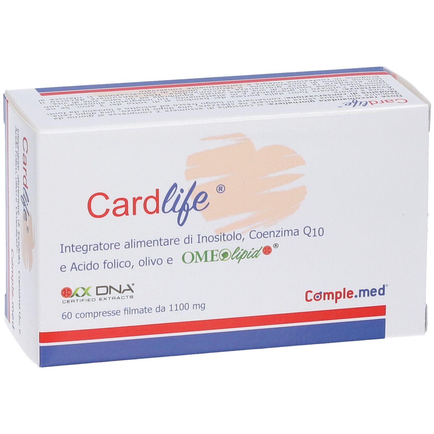 Confezione "Cardlife" con 60 compresse. Contiene Inositolo, Coenzima Q10, Acido folico, olio d'oliva e OMEolipide.