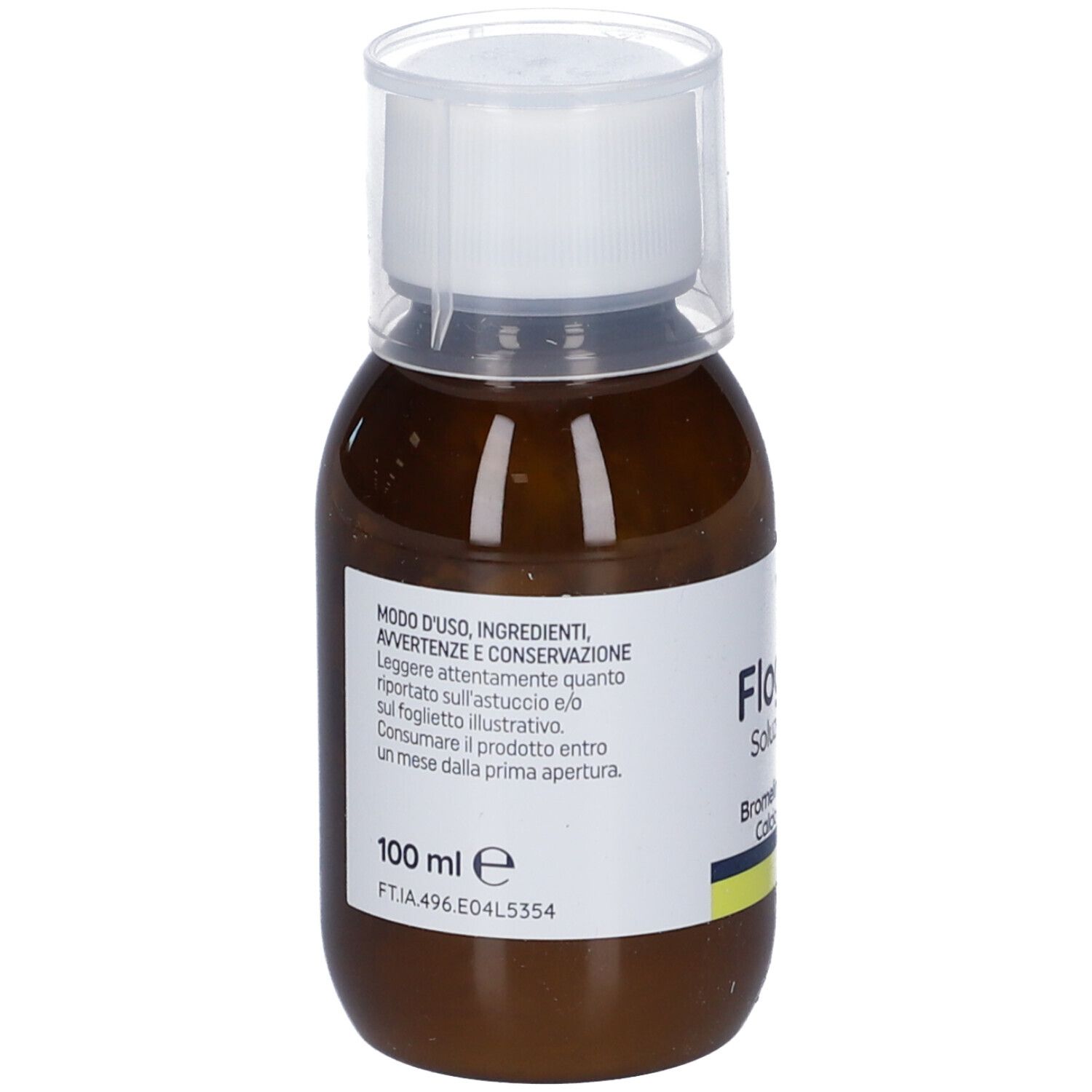 Liquido marrone in bottiglia con tappo bianco. Scritta: Flogamil Soluzione orale. 100 ml.