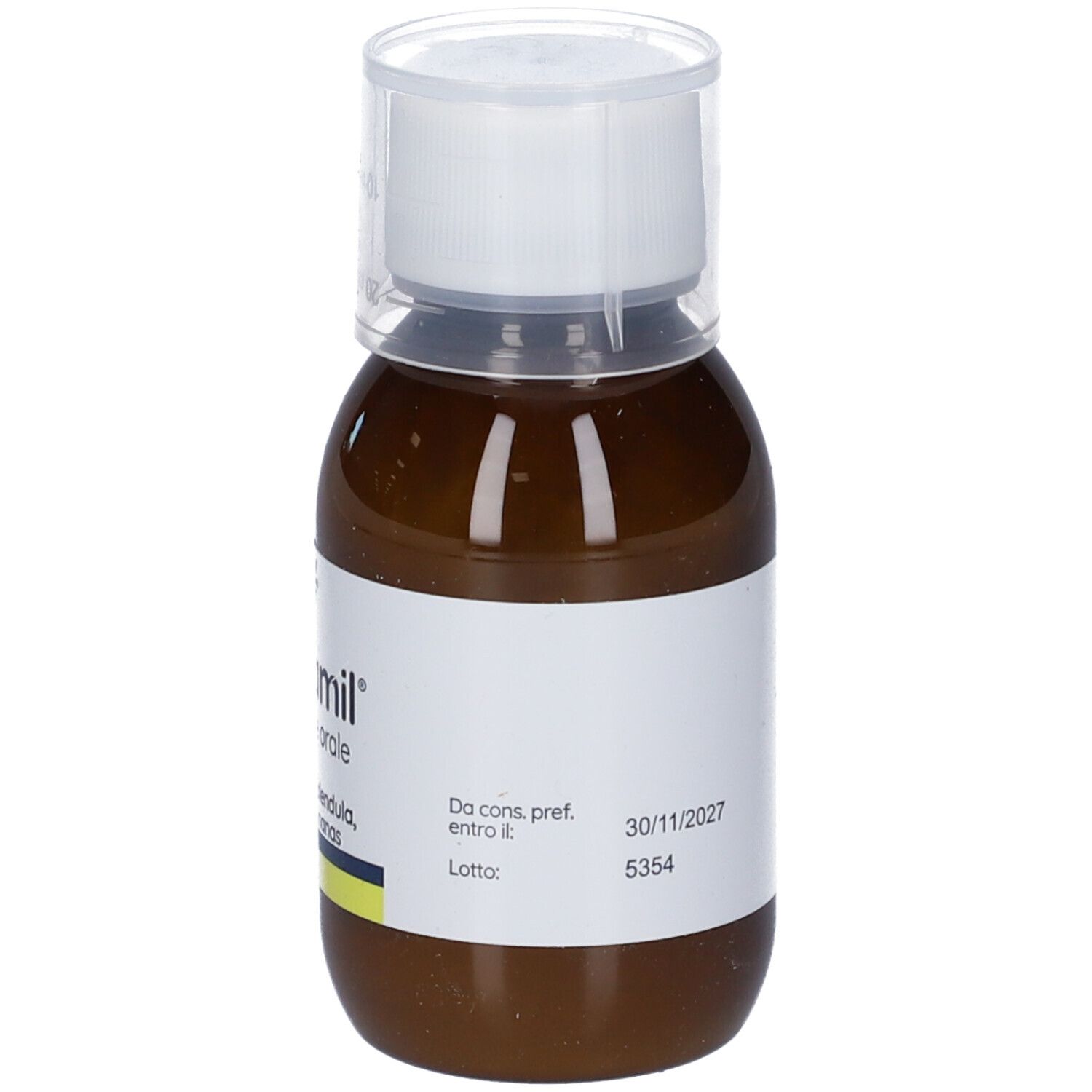 Liquido marrone in bottiglia con tappo bianco. Scritta: Flogamil Soluzione orale. 100 ml.