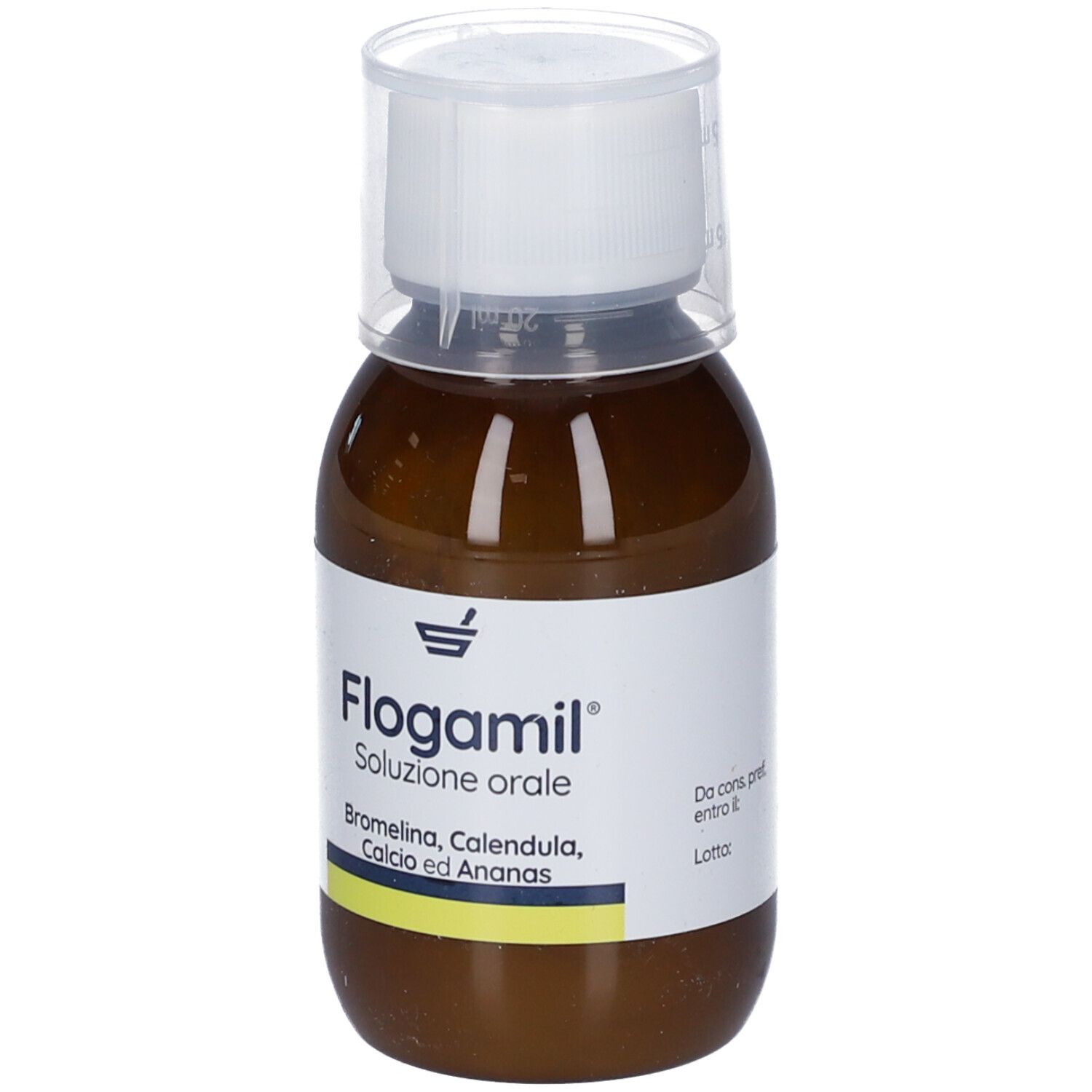 Liquido marrone in bottiglia con tappo bianco. Scritta: Flogamil Soluzione orale.