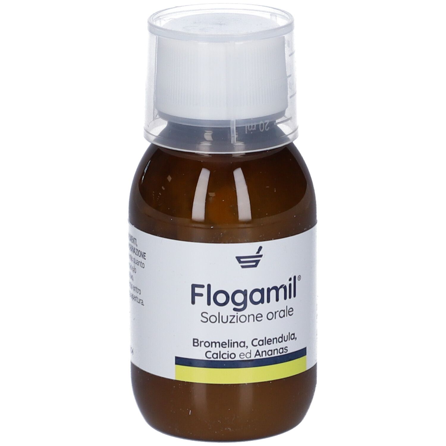 Liquido marrone in bottiglia con tappo bianco. Scritta: Flogamil Soluzione orale.