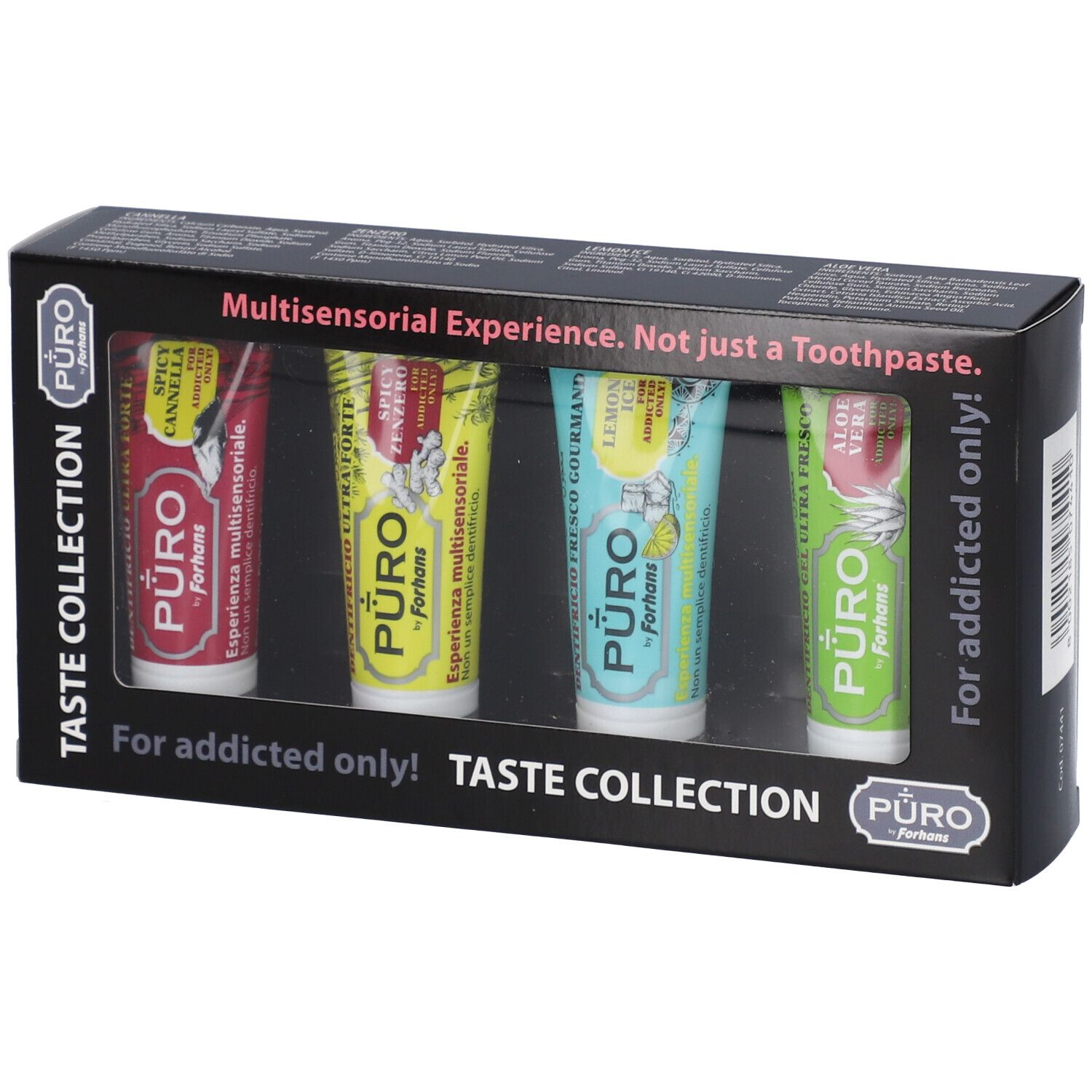 Confezione collezione dentifricio. Quattro tubetti con colori e stampe diverse. Testo: Taste Collection, For addicted only!