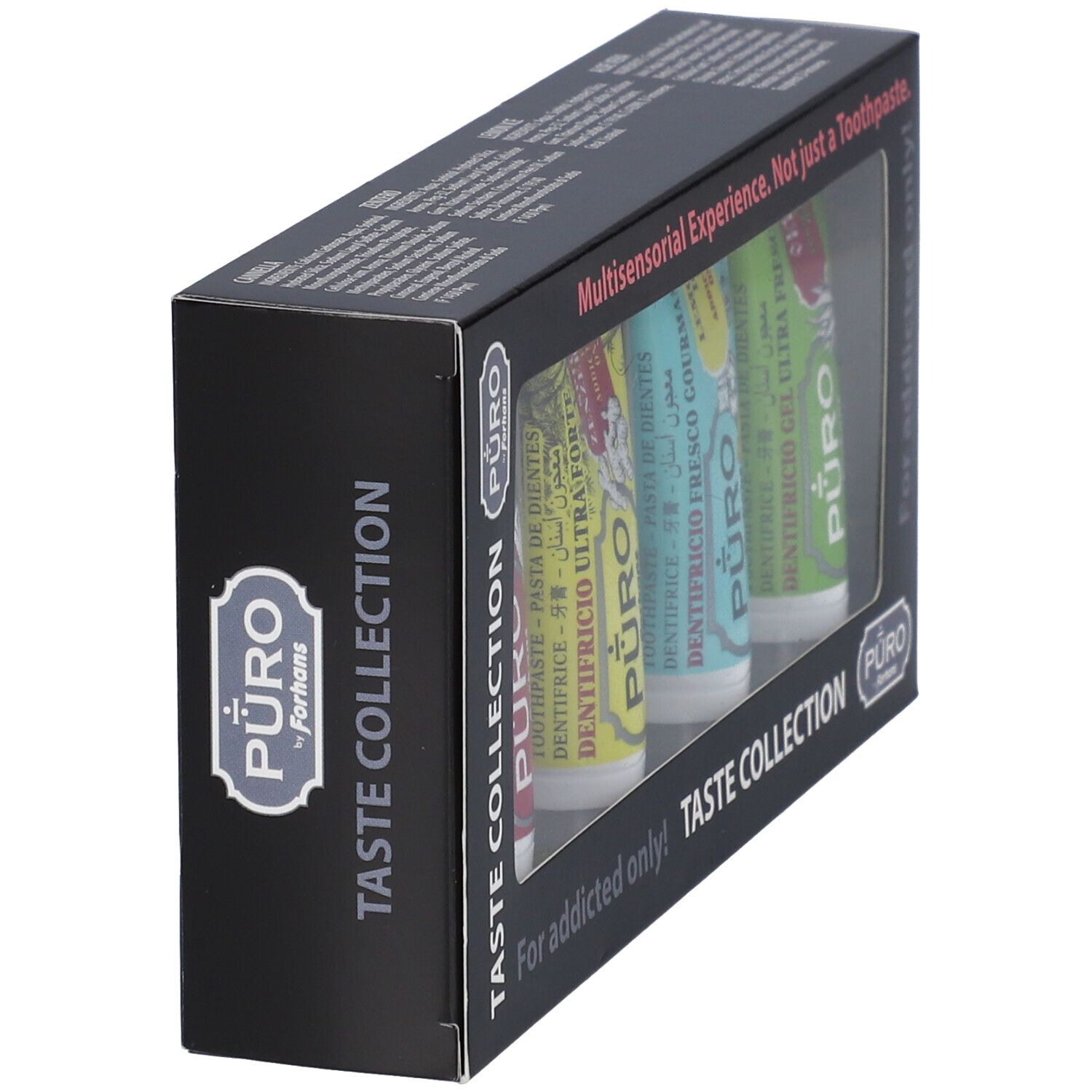 Confezione collezione dentifricio. Quattro tubetti con colori e stampe diverse. Testo: Taste Collection, For addicted only!