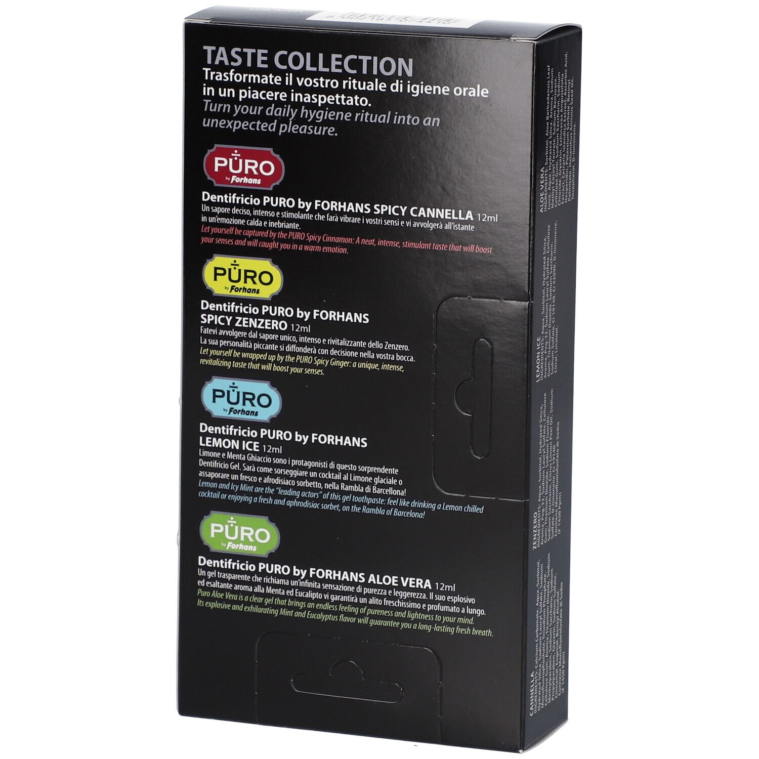 Retro della confezione della collezione di dentifricio. Testo: Taste Collection, informazioni sul prodotto, ingredienti, indirizzo del produttore.