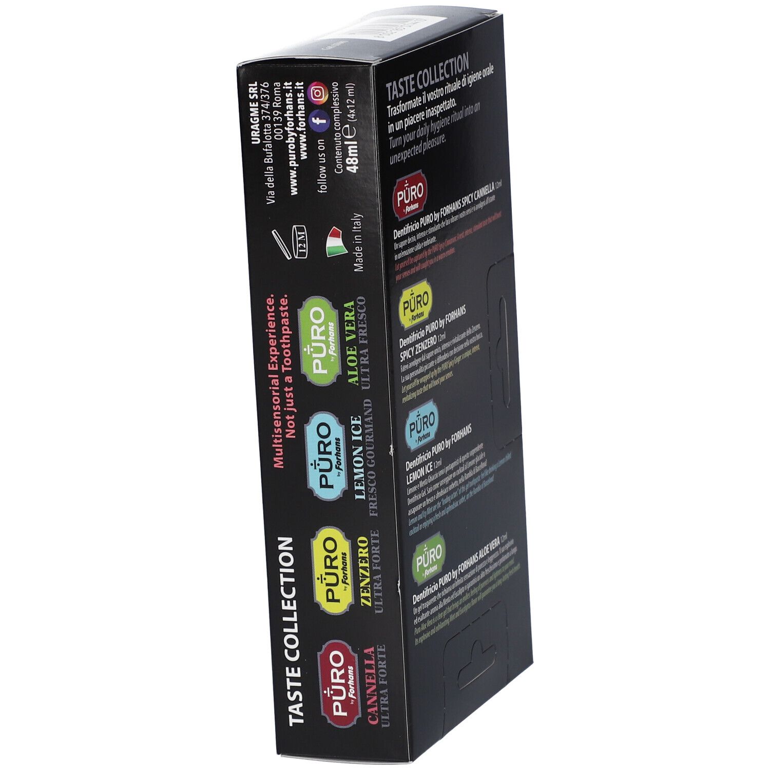 Vista laterale della confezione della collezione di dentifricio. Testo: Taste Collection, nomi dei prodotti, informazioni sul produttore, ingredienti.