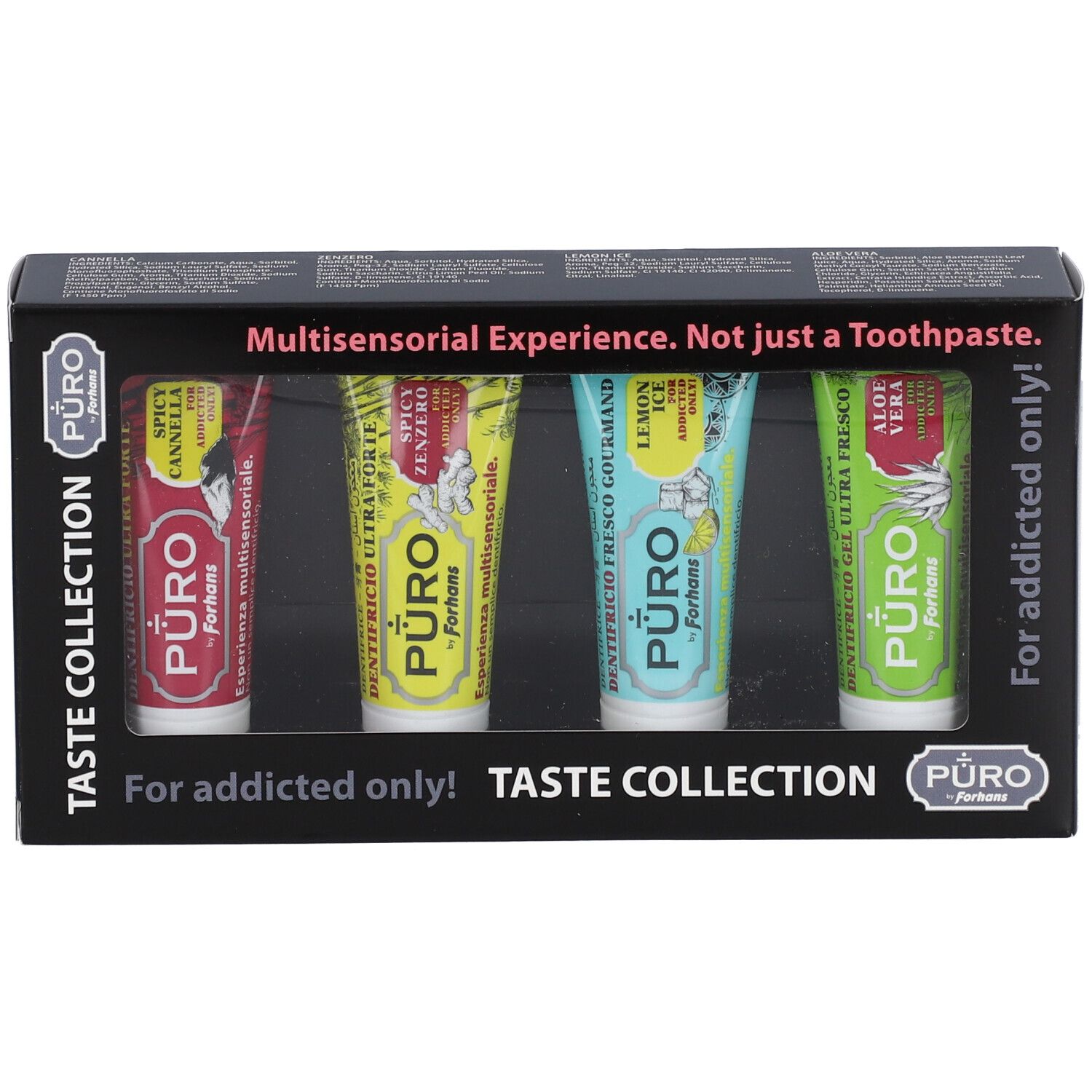 Confezione collezione dentifricio. Quattro tubetti con colori e stampe diverse. Testo: Taste Collection, For addicted only!