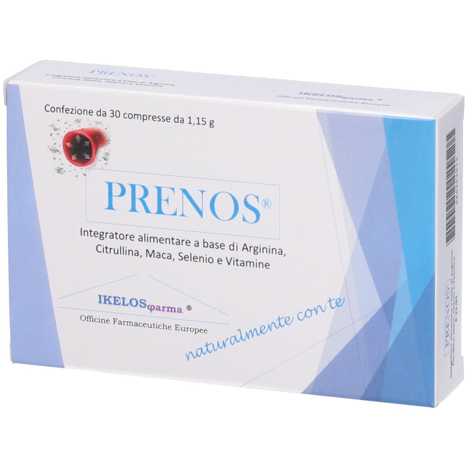 Scatola bianca con logo "PRENOS". Contiene 30 compresse. Strisce blu. Testo: Integratore alimentare a base Arginina, Citrullina, Maca, Selenio e Vitamine.