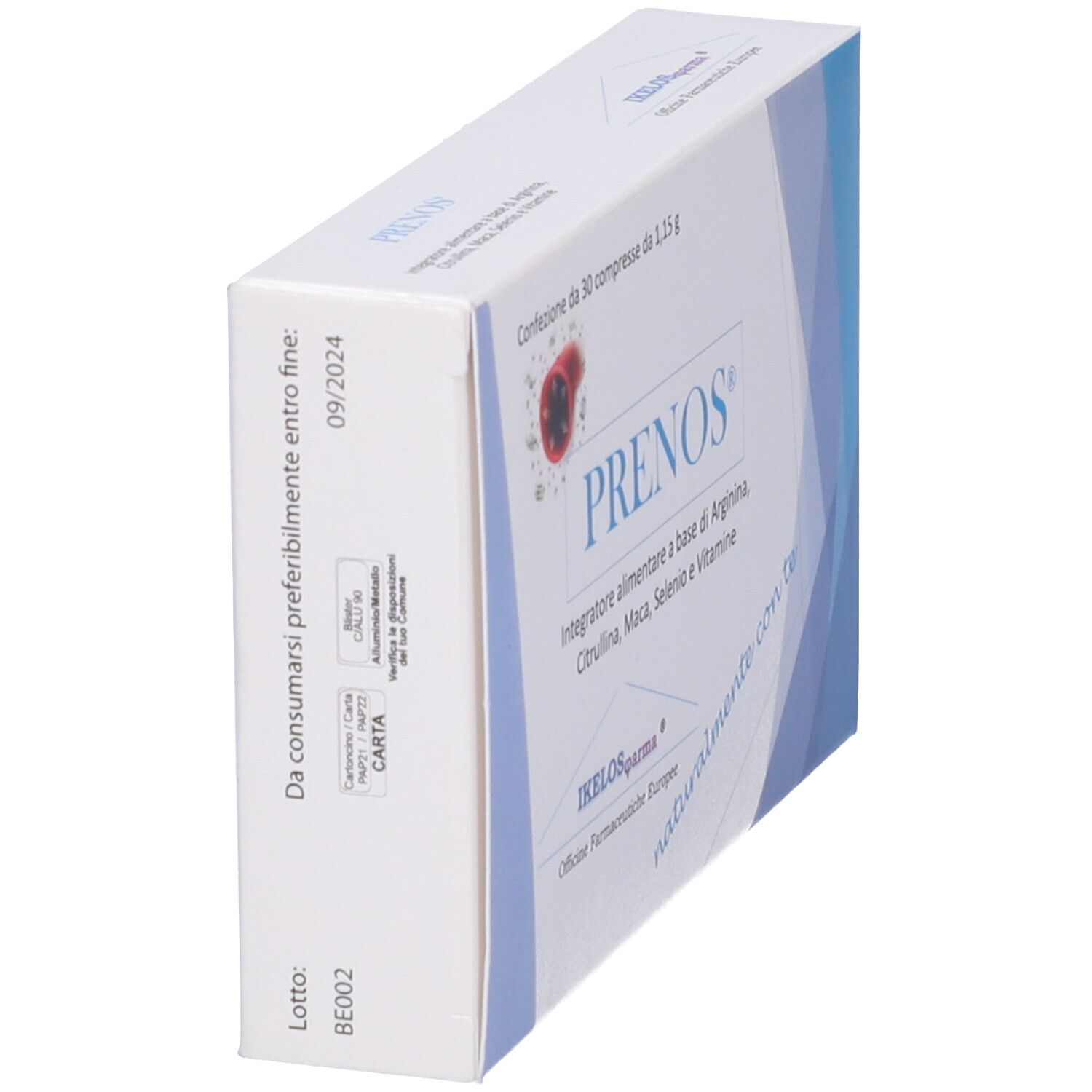 Scatola in diagonale dall'alto. Logo "PRENOS" visibile. Testo: Integratore alimentare a base Arginina, Citrullina, Maca, Selenio e Vitamine. Scadenza: 09/2024.